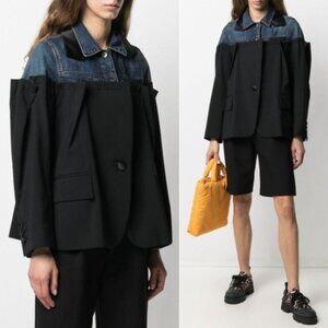 Sacai 21-05517 Mixed Media Blue Denim Jean Jacket Black Wool Sz 1